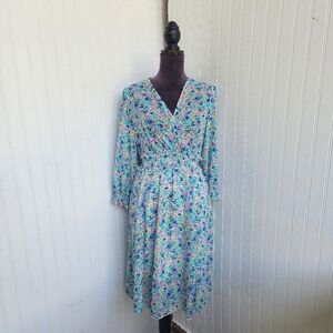 STELLA & JULIE Womens Blue Purple Green Floral Print Lined DRESS 3/4 Sleeve Sz 4